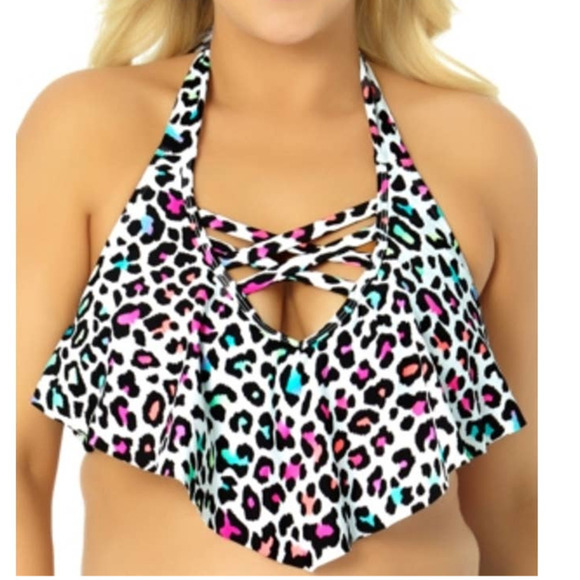california waves Trendy Leopard-print Flounce Bikini Top Swimsuit  12/14 - Picture 1 of 6
